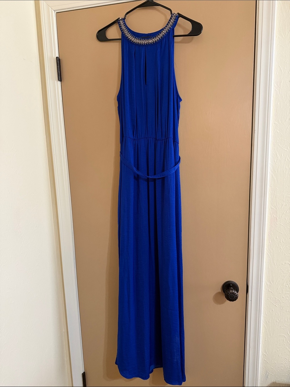 Jennifer Lopez Royal Blue Jeweled Halter Maxi Dress